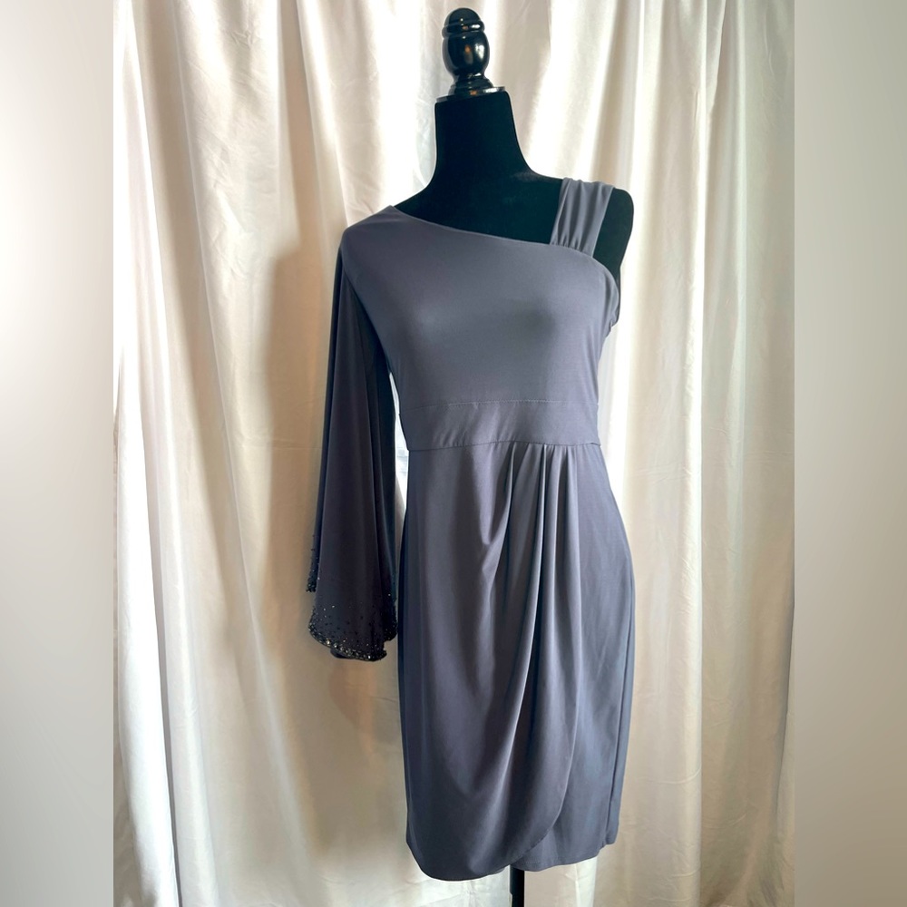 Gray dress with one strap shoulder and opposite flare sleeve with beading!
